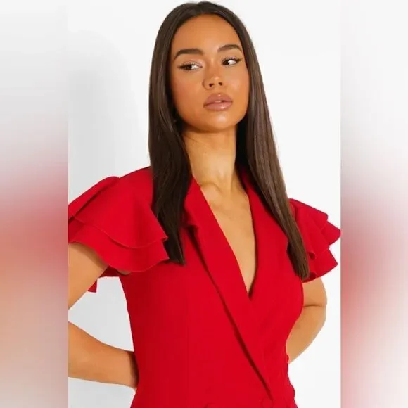 NWT RUFFLE SLEEVE DOUBLE BREASTED BLAZER DRESS - Picture 2 of 8